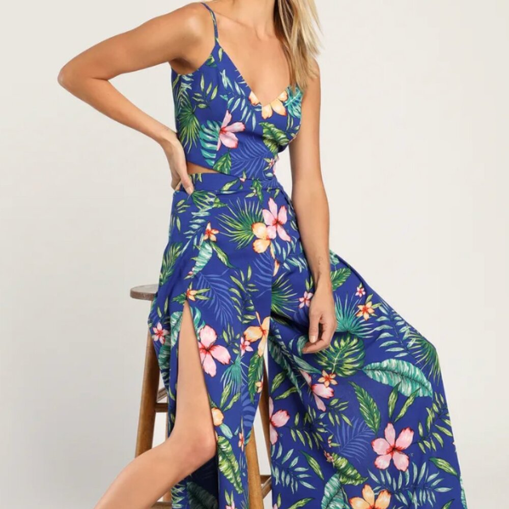 Lulu's Blue Tropical Floral Wide-Leg Jumpsuit